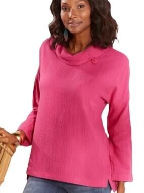 Soft Surroundings | Giovinezza Shirt Top Cowl Neck Button Gauzy‎ Cotton Pink XS